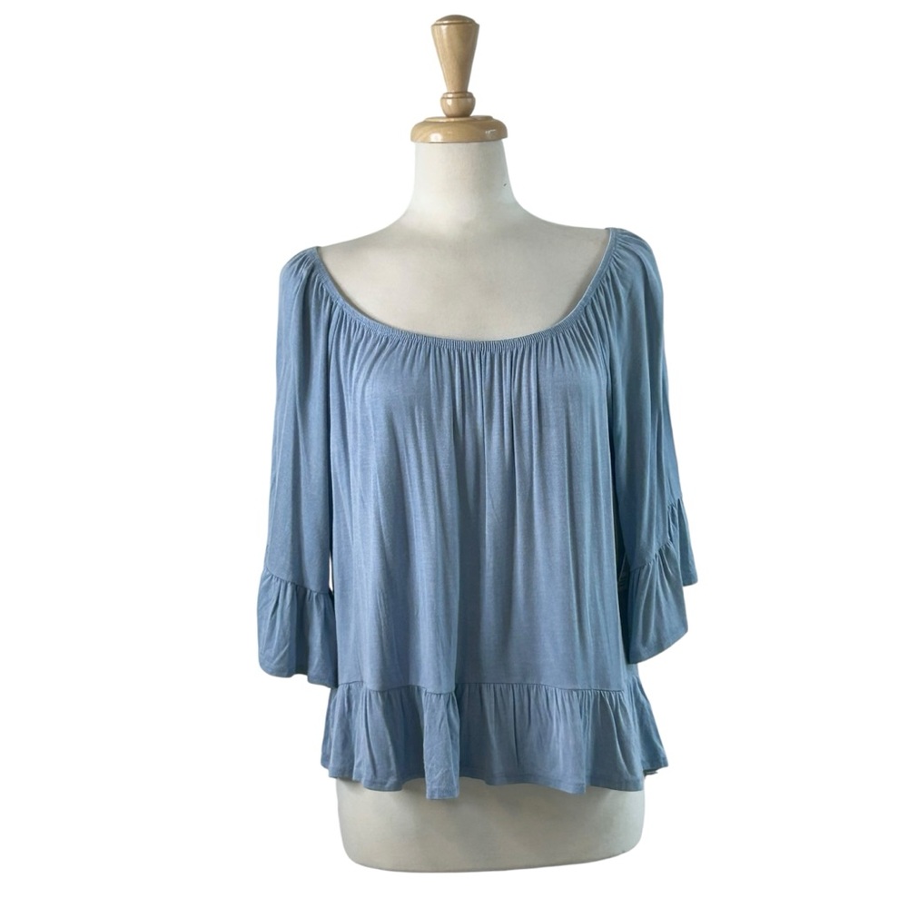 THYME & HONEY Top 3X Blue Peplum Peasant Bell Sleeve Frill Loose 3/4 Sleeve